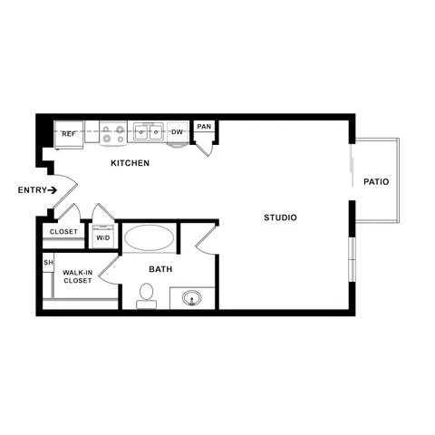 Modern studio apartment floor plan featuring an open kitchen, walk-in closet, and patio access.
