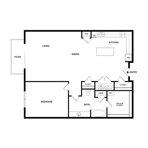 Modern 2D floor plan featuring a spacious 1-bedroom apartment with open-concept living and dining area, sleek kitchen, inviting patio, and ample storage options including a walk-in closet.
