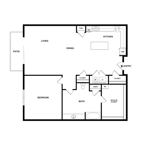Modern 1-bedroom apartment floor plan with spacious living and dining area, open kitchen, and private patio.