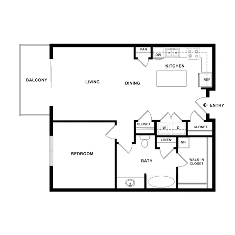Modern floor plan showcasing a spacious open-concept living and dining area, a stylish kitchen, one bedroom with walk-in closet, and a private balcony.