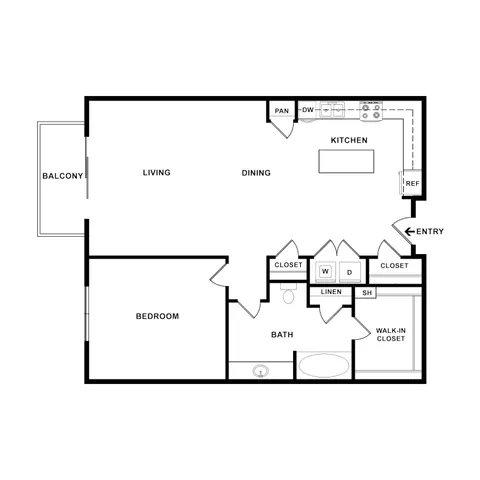 Inviting 1-bedroom floor plan with open living and dining area, modern kitchen, luxurious bath, and private balcony.