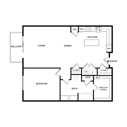 Modern floor plan showcasing a spacious one-bedroom apartment with open-concept living and dining area, gourmet kitchen, luxurious bathroom, and private balcony.