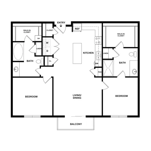 Elegant floor plan showcasing 2 spacious bedrooms, open-concept kitchen and living area, 2 bathrooms, and a generous balcony.