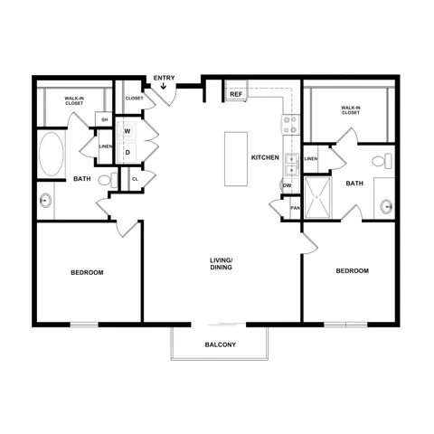 Modern 2-bedroom apartment floor plan with open-concept living and dining area, two bathrooms, and a spacious balcony.