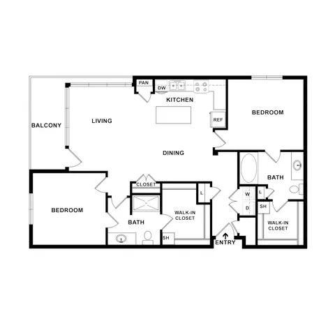 Spacious floor plan with two bedrooms, two baths, open-concept living and dining area, modern kitchen, and private balcony.