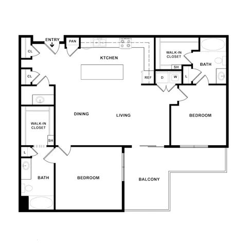Modern 2-bedroom apartment floor plan featuring an open-concept dining and living area, well-equipped kitchen, two bathrooms, spacious walk-in closets, and a private balcony.