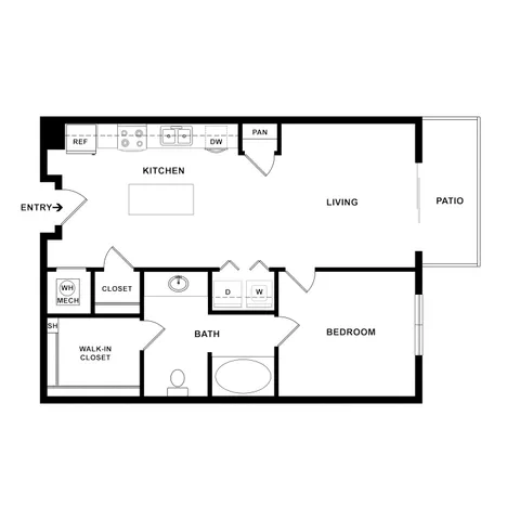Modern floor plan showcasing a spacious 1-bedroom layout with an open-concept kitchen and living area, a luxurious bath, and a private patio.