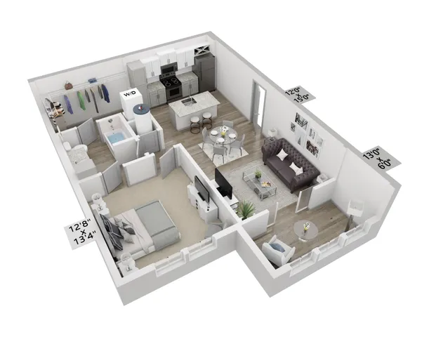 Modern floor plan showcasing an open-concept living area with stylish kitchen, cozy bedroom, and a chic living room.