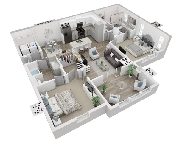 Modern 3D floor plan showcasing 2 spacious bedrooms, an elegant open-concept kitchen with island, cozy living area, and stylish bathroom. Includes a convenient laundry room and ample closet space, maximizing functionality and comfort.