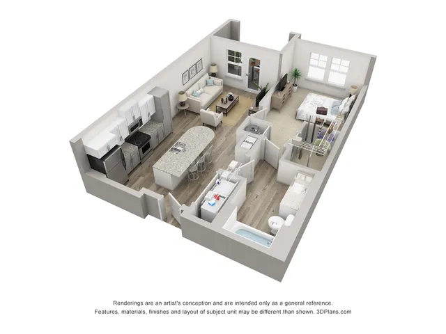 Modern 3D apartment floor plan with spacious kitchen, open living area, and comfortable bedroom.