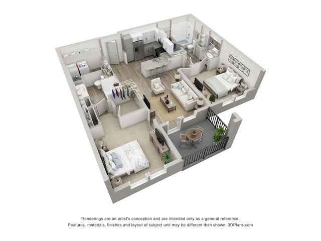 Modern 3D floor plan with two spacious bedrooms, elegant open-concept living area, fully-equipped kitchen, and a charming balcony.