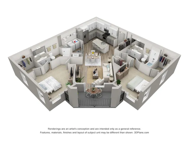 Contemporary 3D apartment layout featuring 2 bedrooms, 2 bathrooms, open living space, and modern kitchen with island.