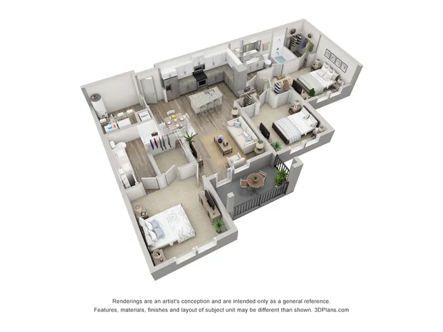 Modern 3D floor plan showcasing 3 bedrooms, open living area, sleek kitchen, and private balcony.