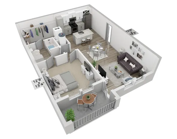 Contemporary 3D floor plan showcasing a spacious 1-bedroom apartment, featuring an open-concept kitchen with island, cozy living area, stylish dining space, generous closet, and a private balcony.