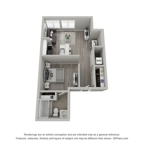 Modern 3D floor plan featuring 1 bedroom, cozy living room, sleek kitchen, and spacious bathroom with in-unit washer and dryer.