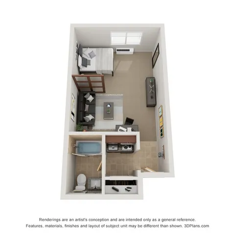 Chic studio apartment layout featuring a cozy bedroom area, modern living space, compact kitchenette, and a stylish bathroom.