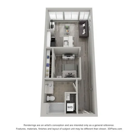Chic 3D floor plan showcasing a modern one-bedroom apartment with a stylish open-concept living area and convenient in-unit laundry.