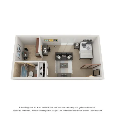 Modern studio apartment 3D floor plan featuring a cozy living area, ample bedroom space, dedicated workspace, and sleek bathroom.