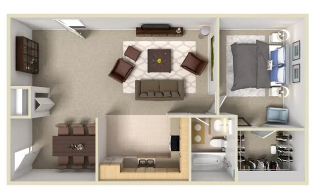 Chic apartment floor plan featuring a cozy bedroom, elegant living room, modern kitchen, and stylish dining area with a spacious bathroom and walk-in closet.