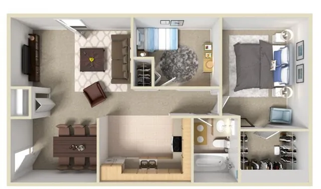 Charming 2D floor plan displaying two cozy bedrooms, a welcoming living area, and a modern kitchen, complete with a spacious bathroom and organized storage solutions.