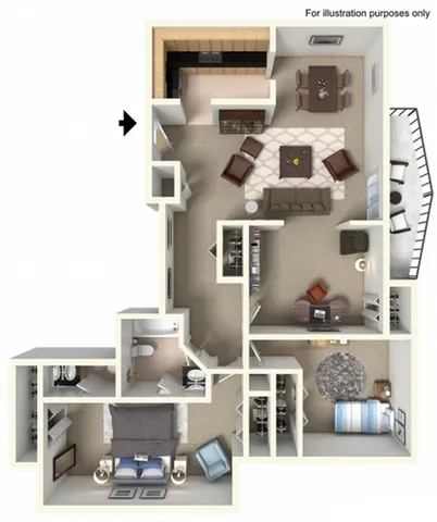 Contemporary 2D floor plan featuring two bedrooms, an open living and dining area, a cozy office space, and a modern kitchen with inviting design.