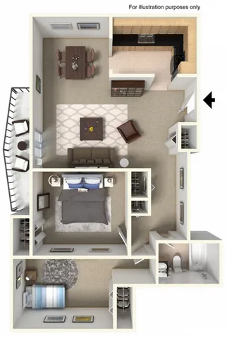 Charming 2D floor plan featuring 2 bedrooms, an inviting living room, a cozy dining area, and a fully equipped kitchen.