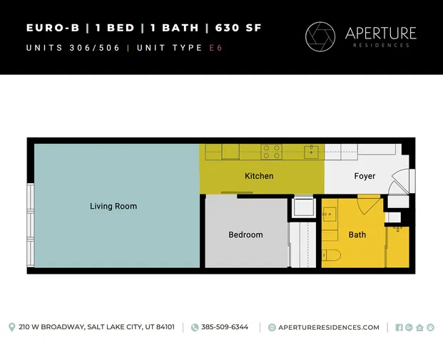 Modern Euro-B floor plan featuring 1 bedroom, spacious living room, kitchen, and bathroom in 630 sq ft layout at Aperture Residences.