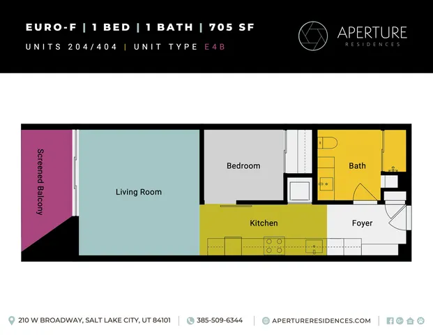 Modern Euro-F floor plan with 1 bedroom, 1 bathroom, spacious living room, and a screened balcony, totaling 705 sq ft at Aperture Residences.