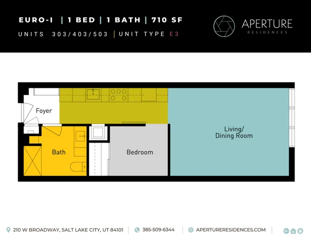 Modern Euro-I floor plan showcasing a stylish 1-bedroom, 1-bath unit with a spacious living/dining area, perfect for urban living. Total area of 710 sq ft in Salt Lake City.