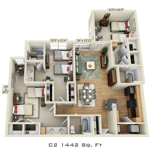 3D floor plan of a 1442 sq. ft. apartment featuring three bedrooms, two bathrooms, an open-concept living area, and a modern kitchen.