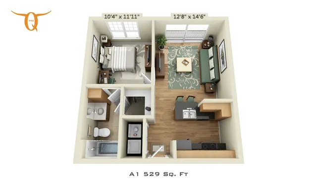Modern and cozy 3D floor plan of a 529 sq ft apartment featuring a spacious living room, well-appointed kitchen, and a comfortable bedroom. Ideal for stylish city living.