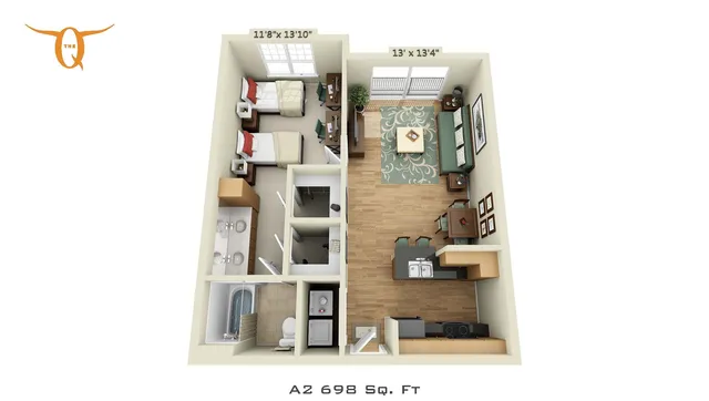 Modern 3D floor plan of a 698 sq ft apartment featuring two bedrooms, a stylish open living area, and a fully equipped kitchen. Ideal for comfortable and elegant living.