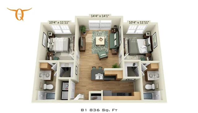 Spacious 3D floor plan of a 836 sq. ft. apartment featuring 2 cozy bedrooms, an inviting open-concept living area, modern kitchen, and 2 elegant bathrooms. Ideal layout for comfort and style.
