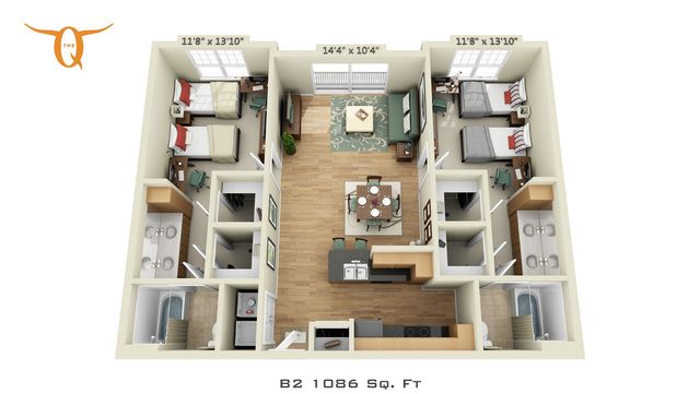 Inviting 3D floor plan showcasing a 1086 sq ft 2-bedroom apartment with open living and dining area, modern kitchen, and dual bathrooms in a stylish layout.