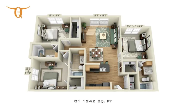 Modern 3D floor plan of a 1242 sq. ft. apartment featuring two bedrooms, an open living and dining area, a spacious kitchen, and two bathrooms.