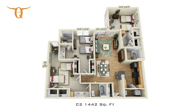 Luxurious 3D floor plan of a C2 1442 sq. ft. apartment featuring three spacious bedrooms, modern open-plan living area, and sleek kitchen in Cameron, Sterling, Montgomery.