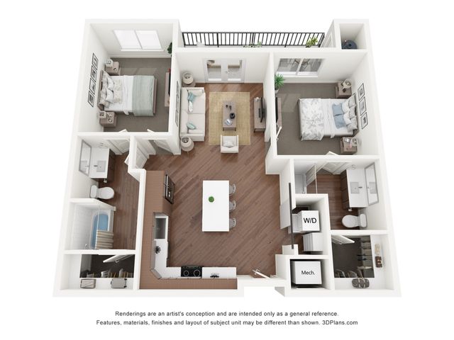 Modern open-concept floor plan with two cozy bedrooms, inviting living space, gourmet kitchen, and private balcony.