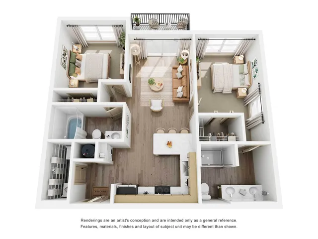Top-down 3D rendering of The Encanto floor plan, a two-bedroom, two-bathroom apartment featuring a split-bedroom layout, an open-concept kitchen with a breakfast bar, central living room, private balcony, dual walk-in closets, and an en-suite primary bathroom with double vanities.