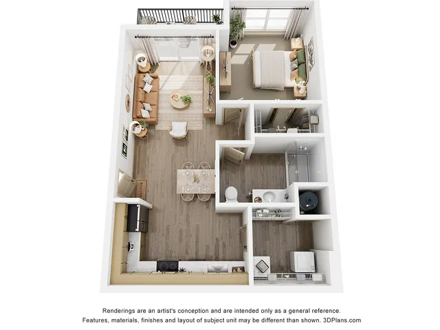 Elegant 3D floor plan showcasing a bright one-bedroom apartment with an open living area, modern kitchen, cozy dining space, and a stylish bathroom.