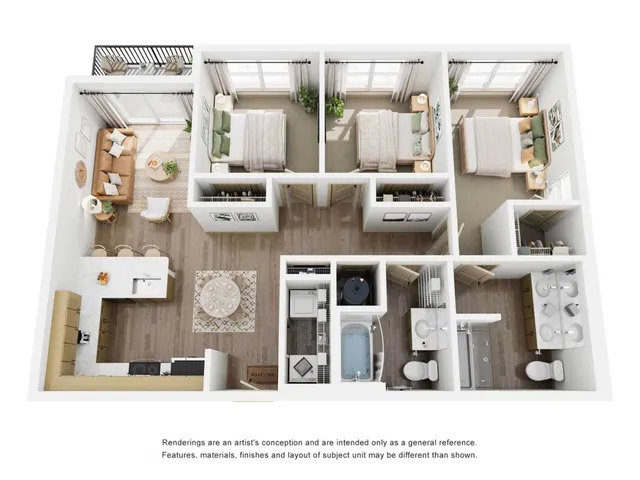 Top-down 3D rendering of The Hacienda floor plan, an expansive three-bedroom, two-bathroom apartment featuring an open-concept kitchen with a breakfast peninsula, a dedicated dining area, a spacious living room opening to a private balcony, a primary suite with a walk-in closet and dual-vanity en-suite bathroom, two secondary bedrooms, and a dedicated in-unit laundry room.