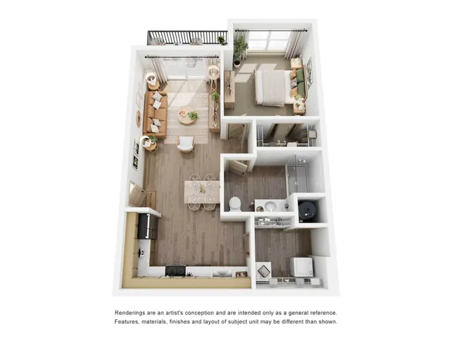 Top-down 3D rendering of The Camino floor plan, a one-bedroom, one-bathroom apartment featuring an open-concept kitchen and living space, private balcony, bedroom with a walk-in closet, and a dedicated in-unit laundry room.
