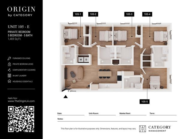 Elegant 3D floor plan of a 5-bedroom, 5-bath apartment with furnished co-living spaces and a modern open kitchen, ideal for privacy and comfort at 1,469 sq. ft.
