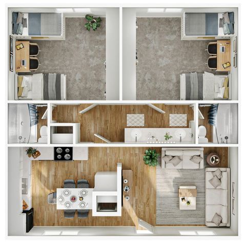 Elegant 2D floor plan with 2 bedrooms, open kitchen, dining area, and cozy living room.