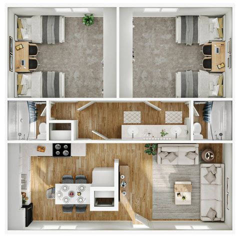 Sophisticated 2D floor plan with 2 bedrooms, open kitchen, dining area, and cozy living room.