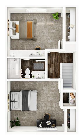 Modern 2D floor plan showcasing 2 bedrooms, a stylish bathroom, and a chic workspace with elegant decor.
