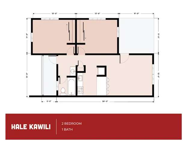 Hale Kawili floor plan showcasing 2 bedrooms, 1 bathroom, and an inviting layout with open living spaces.