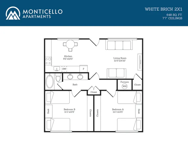 Chic White Brick 2X1 floor plan by Monticello Apartments featuring 2 spacious bedrooms, an inviting living room, and a modern kitchen. Total area of 648 sq ft with 7\'7\" ceilings.