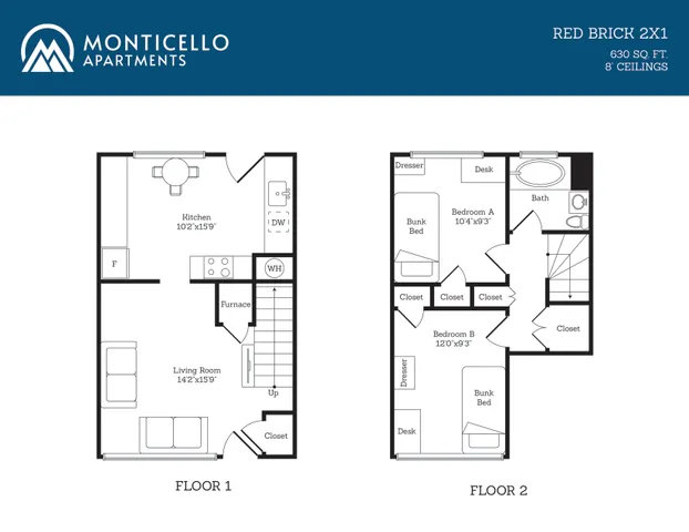Monticello Apartments Red Brick 2X1 floor plan featuring two levels with cozy living room, modern kitchen, two bunk bed bedrooms, and stylish bath, 630 sq ft, 8\' ceilings.