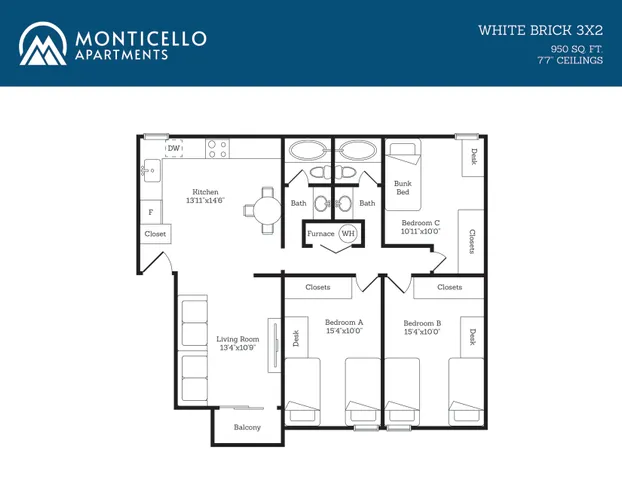 Monticello Apartments White Brick 3x2 floor plan featuring three spacious bedrooms, two modern bathrooms, a stylish kitchen, and a cozy living room with balcony access, covering 950 sq ft with 7\'7\'\' ceilings.