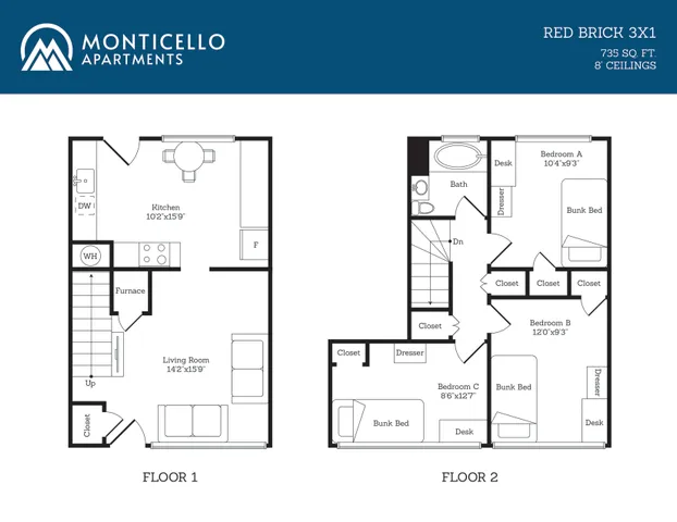 Monticello Apartments Red Brick 3X1 floor plan featuring two-story layout with 3 bedrooms, cozy kitchen, and spacious living room. Perfectly designed for 735 sq ft space with 8-foot ceilings.